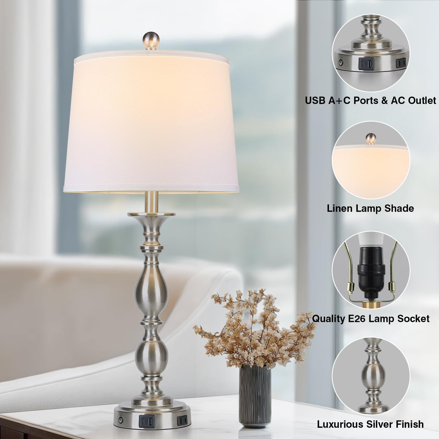 MOUVOVO 28" Tall Modern Table Lamps Set of 2 with USB A+C Ports and AC Outlet, 3 Way Touch Metal Bedside Lamps for Bedroom, Silver Farmhouse Nightstand Lamps for Living Room