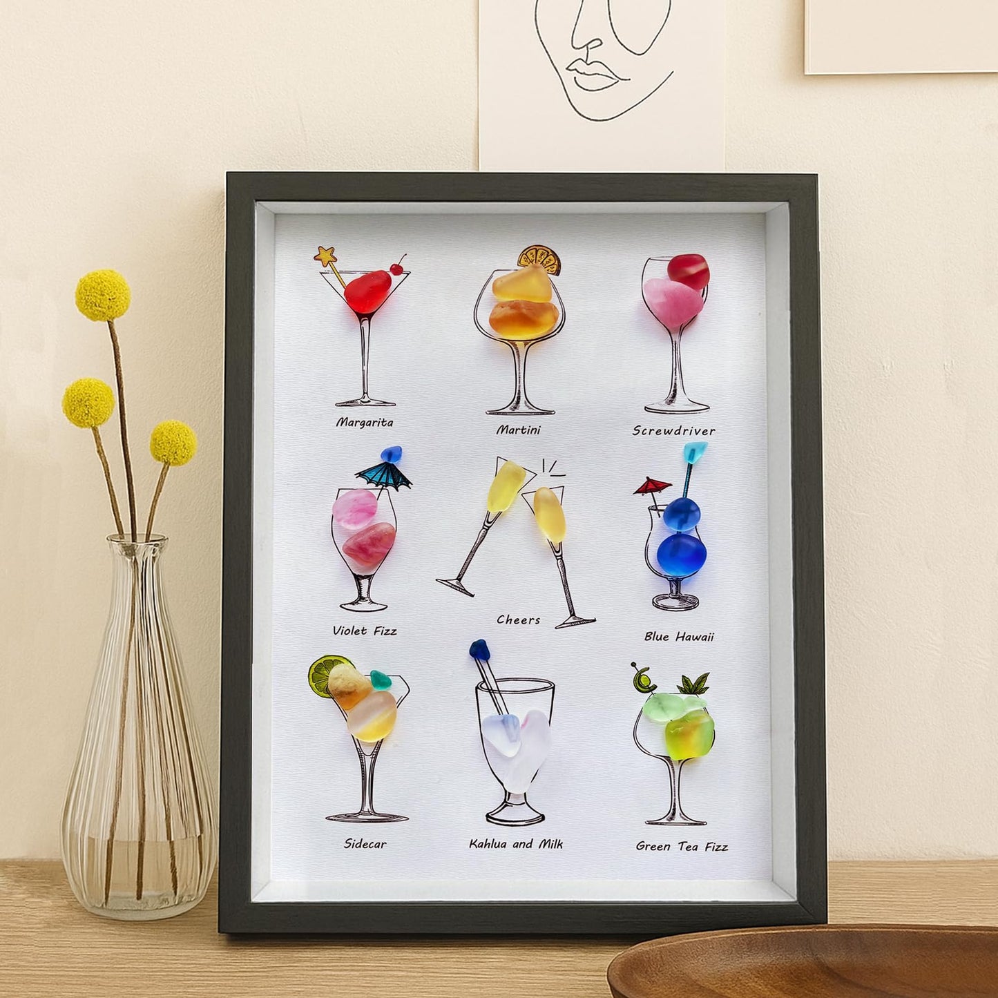 MEAKEO Sea Glass Cocktail Wall Art with Frame,Handmade Seaglass Wine Glass Art,Beach Glass Friendship Gift for Home Decor,and Gift Ideas