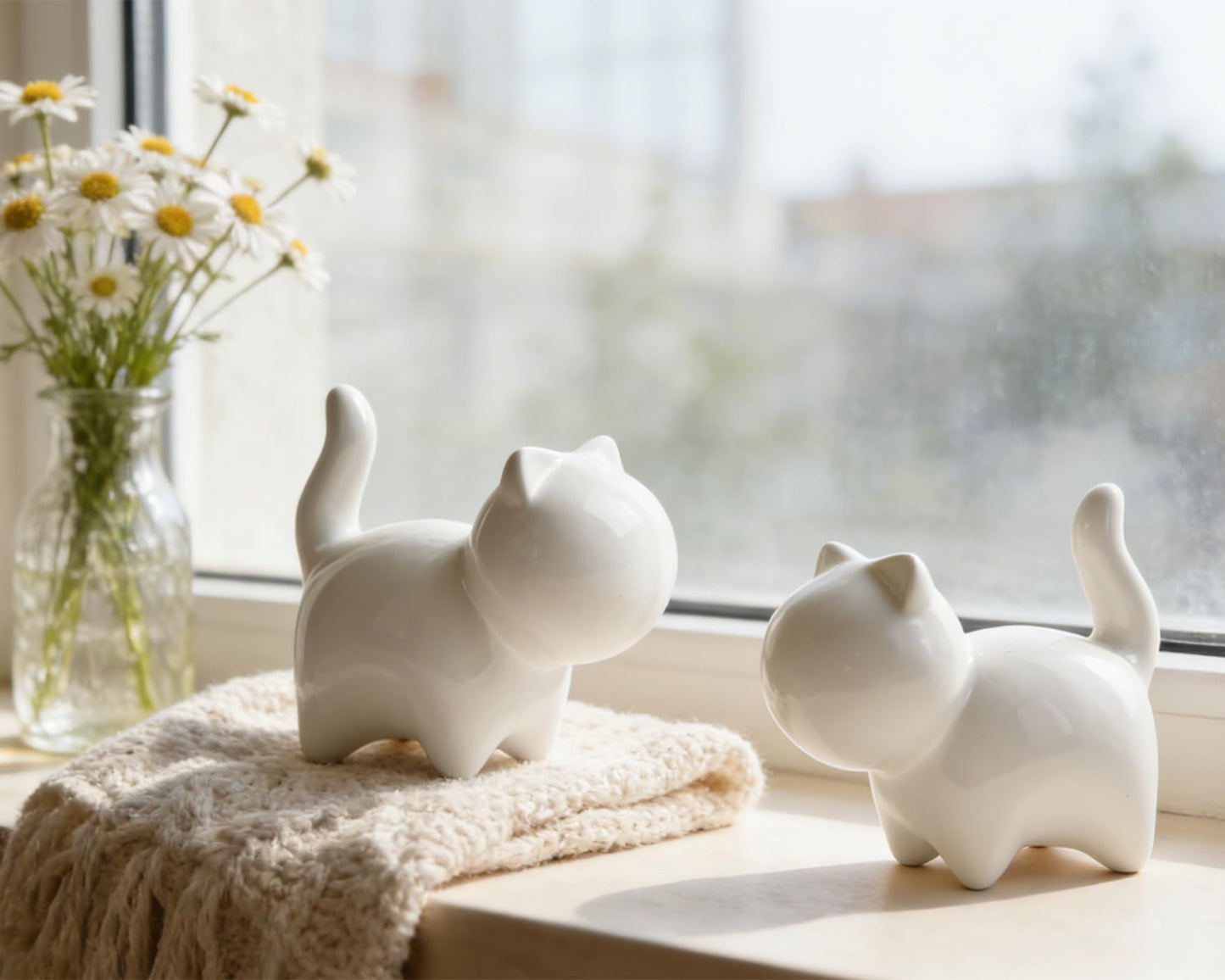 HORTIX 2-Pack Small Ceramic Cat Statues, 3 Inch Cute Kitty Knick Knacks for Home Office Shelf Desk Coffee Table Decoration, Housewarming Gift, White