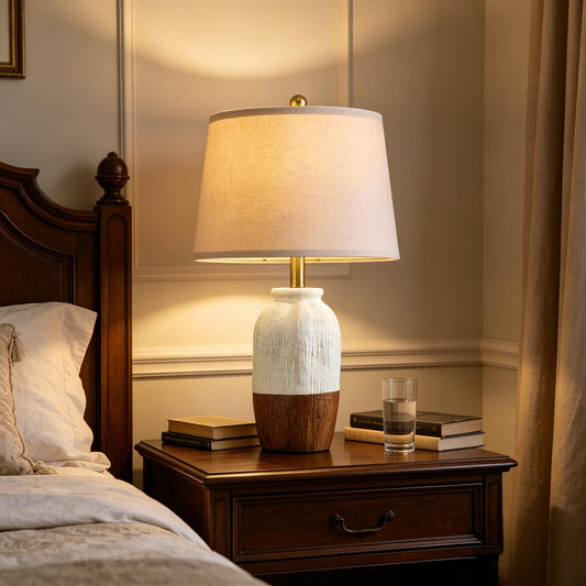 Vortether 22.5" Hand-Textured Vintage Ceramic Table Lamp, Single Rustic Farmhouse Bedside Lamp with Linen Shade, Boho Lamp for Bedroom Living Room Nightstand Side Table Home Decor, White & Brown