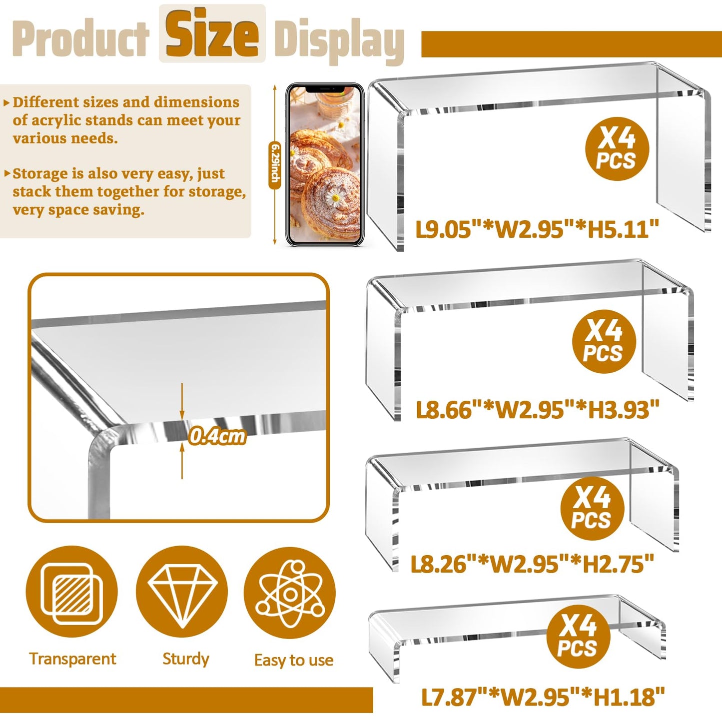 StyEdEk 16 Pcs 4 Set Acrylic Risers 4 Sizes(7" L~9" L) Riser Display Shelf Cupcake Stand Display Cabinet Clear Rectangular Display Stands Set for Figures, Jewelry, Perfume, Dessert Table Display