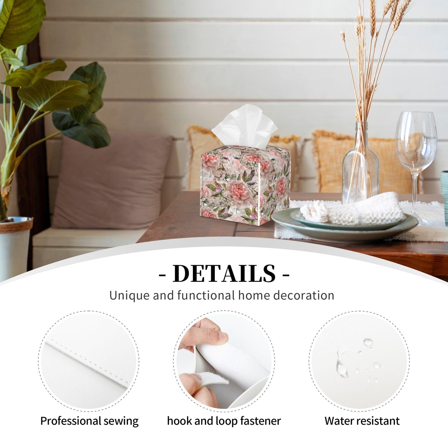 POIUBLE Leather Tissue Box Holder Watercolor Peony Flowers Tissue Box Cover Square Waterproof Tissue Holder Organizer Modern Napkin Holder for Bedroom Dresser Night Stand Office Desk