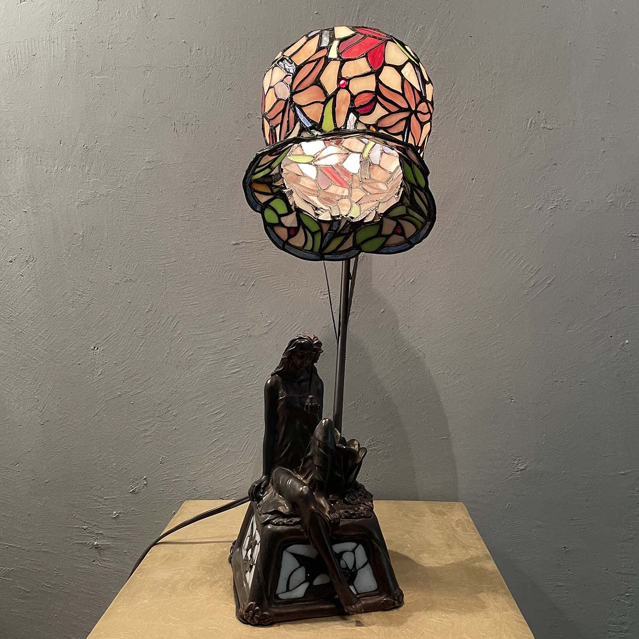 Bieye L10624 Lily Flower Tiffany Style Stained Glass Table Lamp with Girl Lamp Base for Living Room Bedside Home Decoration, 20 inches Tall