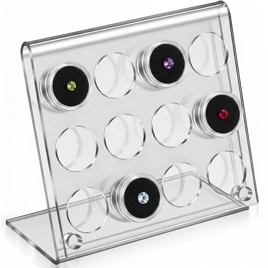Yalikop Acrylic Gemstone Display Stand with 12 Clear Jars, Acrylic Easel Rack for Crystals, Stones, Rocks, Minerals, Jewelry Display, Clear Countertop Showcase Holder