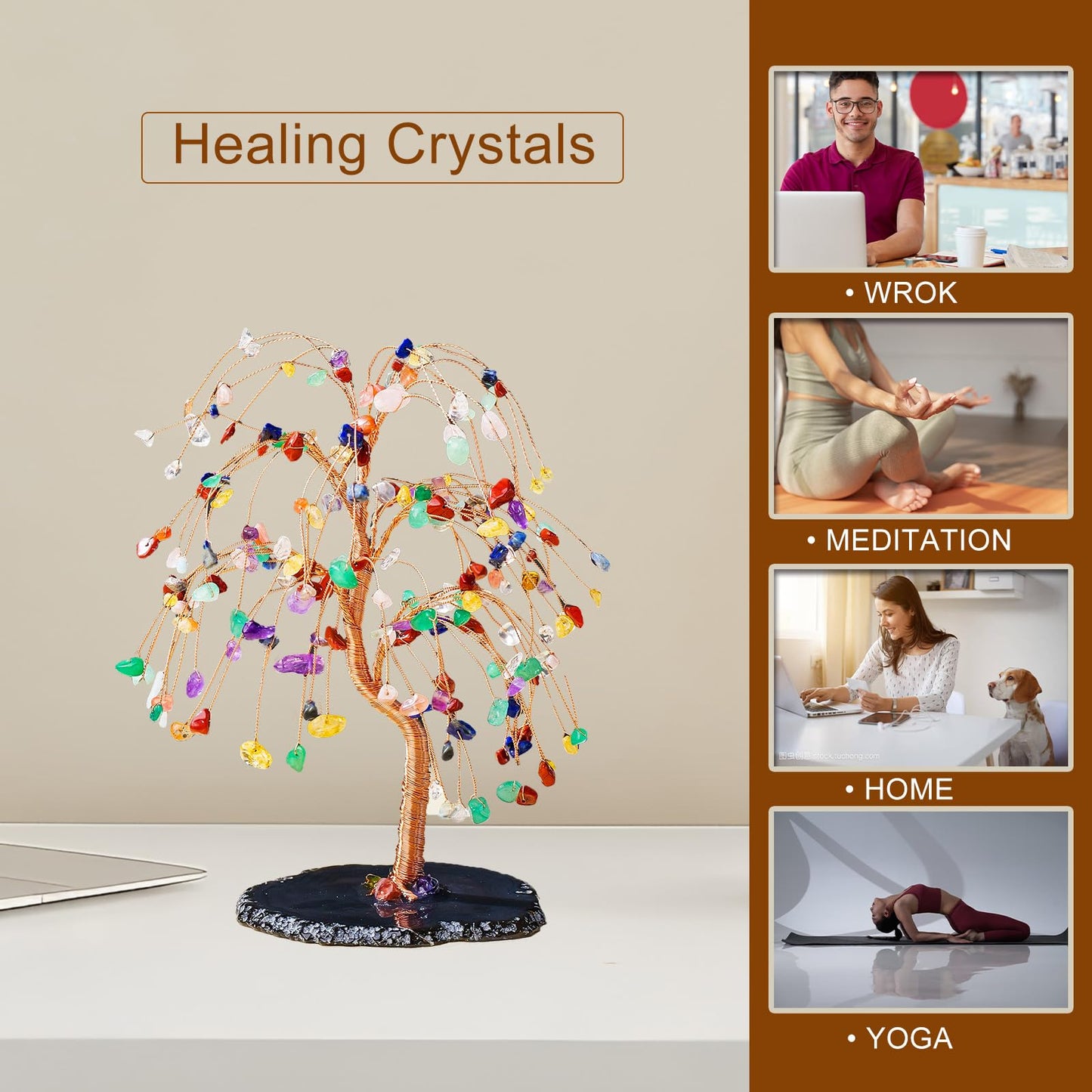 Runyangshi Chakra Crystal Tree of Life Handmade with Copper Wire - 7-8" Natural Healing Crystal Willow Tree Geode Agate Slices Base for Home Decor, Feng Shui Gifts, Office Desk Ornament