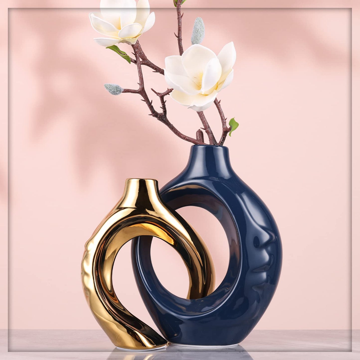 oliruim Navy Blue Home Decor Ceramic Vase, Navy Blue Gold Round Vase with Holes Set of 2, Suitable for Wedding Entrance Decoration, Bookshelf, Mantel, Unique Home Decor (Blue Gold)