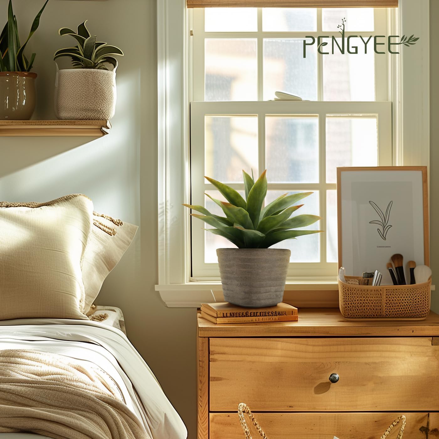 PENGYEE 2 Pack Small Fake Agave Plants in Pulp Pot for Home Decor