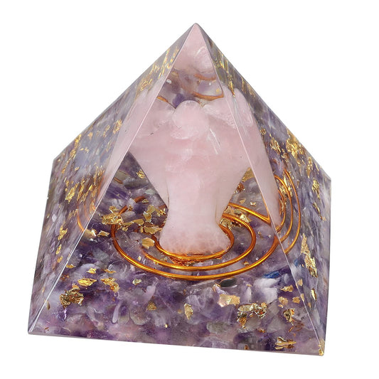 mookaitedecor Amethyst Crystal Orgone Pyramid with Rose Quartz Guardian Angel and Tumbled Stones Orgonite Energy Generator for Protection Reiki Home Decor