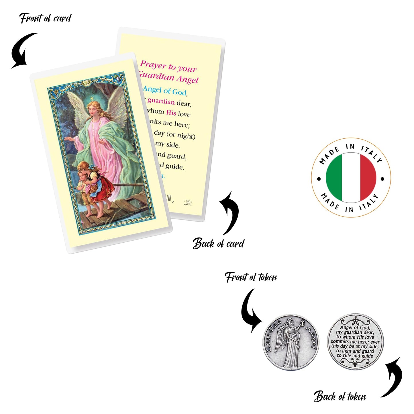 Trendzeen Guardian Angel Token - Laminated Catholic Guardian Angel Prayer Card, The Lord's Prayer Card - Italian Guardian Angel Pocket Token - Guardian Angel Token, Holy Cards Set of 7 Items