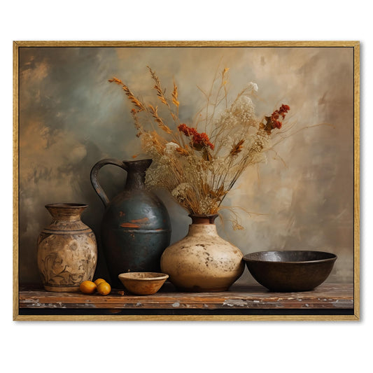 Rustic Floral Canvas Wall Art Farmhouse Oriental Elements Posters Country Still Life Flower Vase Painting Dried Flowers In The Background Wall Art Antique Vintage Floral Prints For Room 8x10in Framed