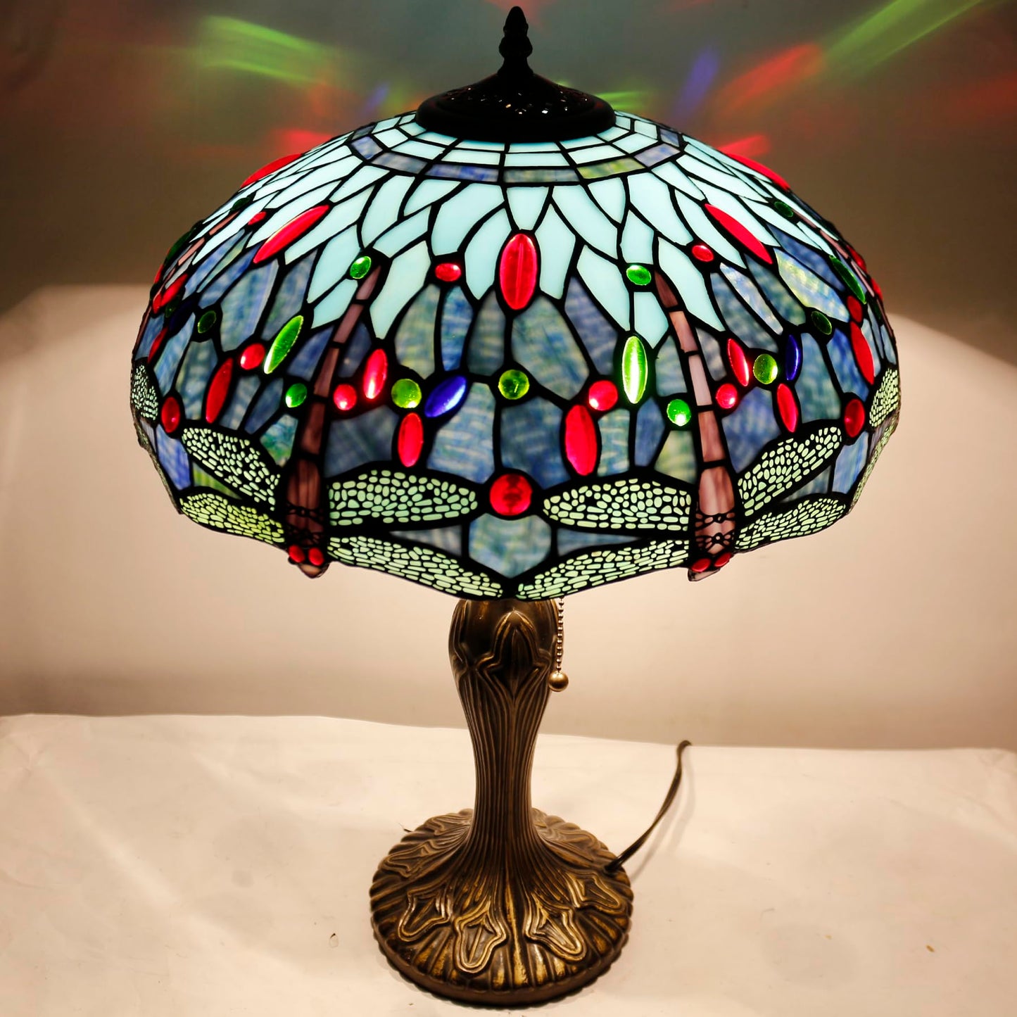 WERFACTORY Tiffany Style Table Lamp Blue Stained Glass Dragonfly Bedside Desk Reading Light Metal Base 16X16X24 Inches Decor Bedroom Living Room Home Office S004 Series