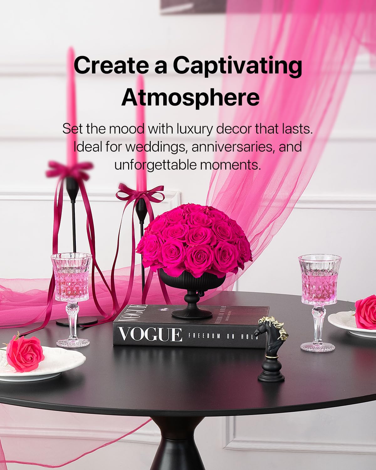 JoyFlower Preserved Flowers Vase Ceramic Decor, Eternal Flower Vases for Table Centerpieces, Fuchsia Preserved Roses with Vase Decorations for Party Home Wedding Living Room Bedroom House Office