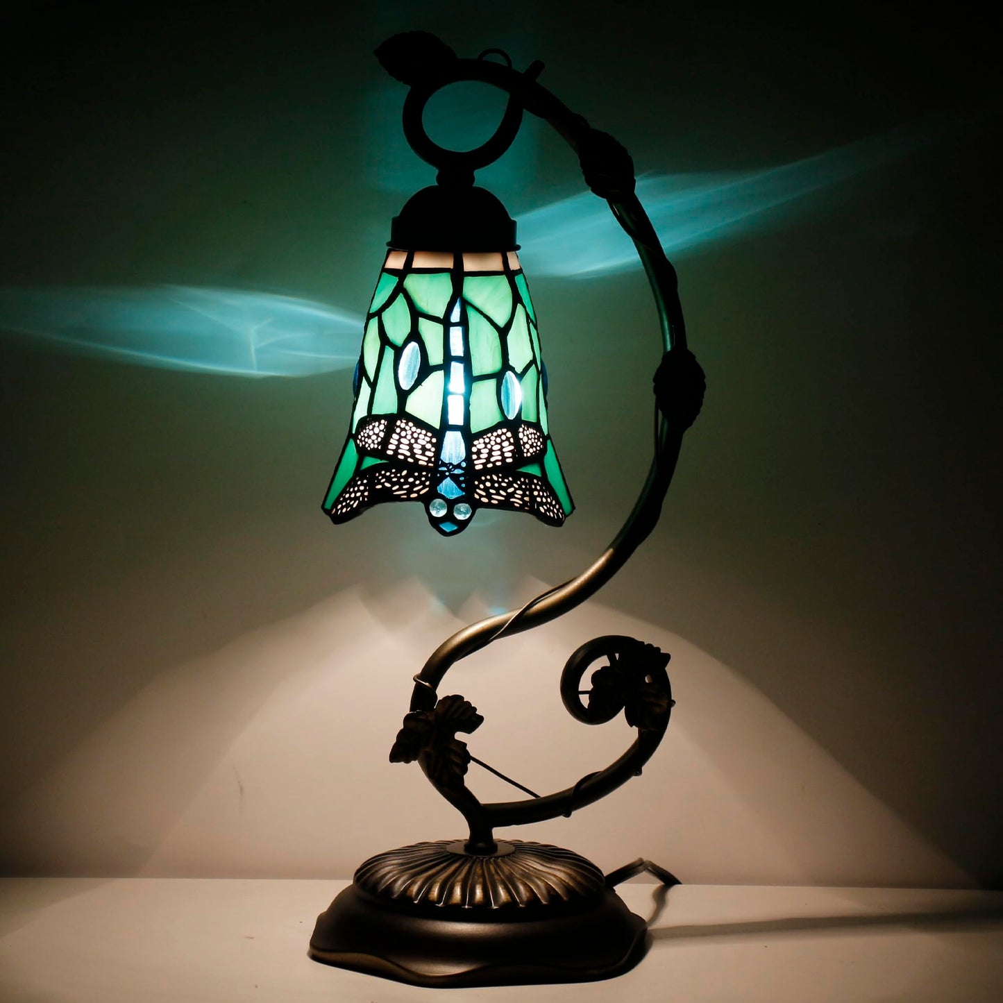 ANYONGLU Tiffany Lamp Stained Glass Desk Reading Bedside Light, Metal Leaf Table Lamp Base 5X6X17 Inches Decor Small Space Bedside Bedroom Home Office (Green Dragonfly Style)