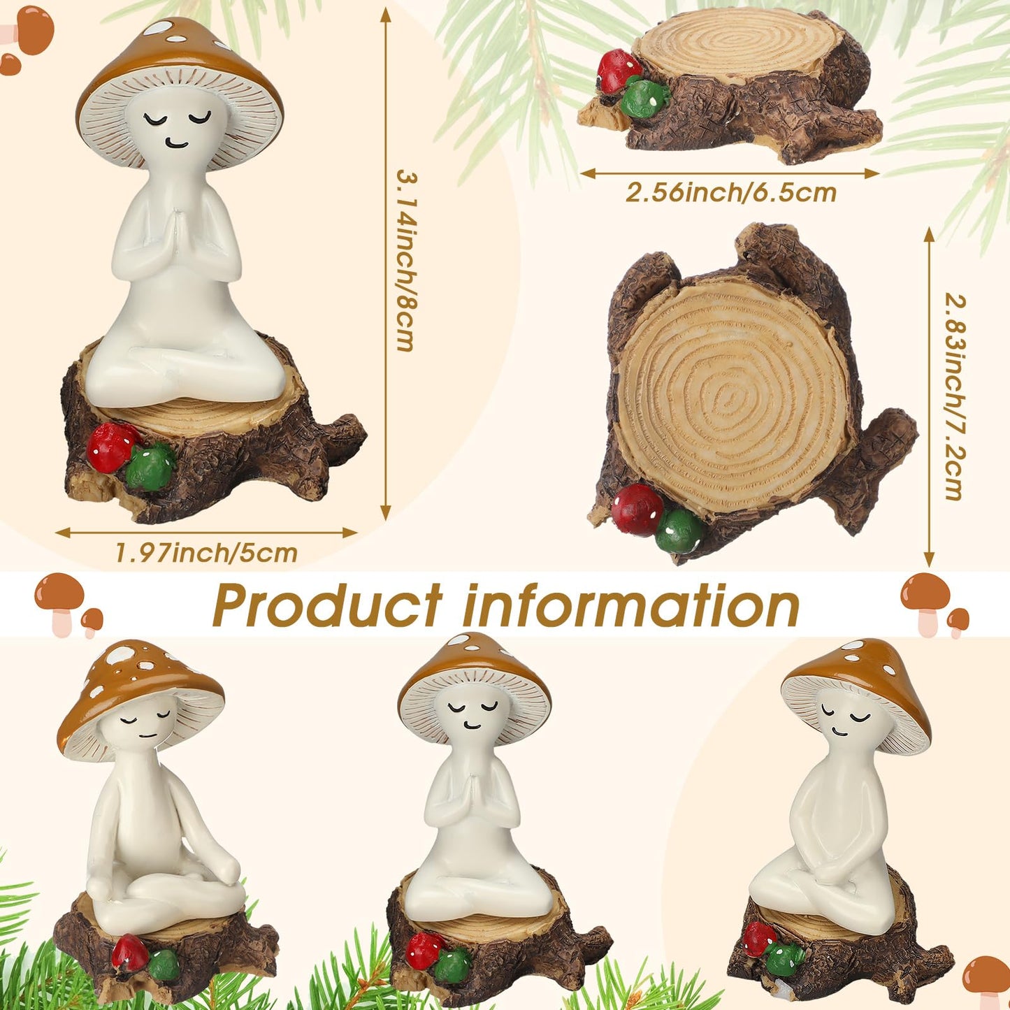 Fiwochic 3 Pcs Meditation Mushroom Statue Resin Yoga Mushroom Figurine with Stump Base Cute Spring Meditation Tabletop Plant Statues Decor for Desk Living Room Patio Home Office Garden Backyard