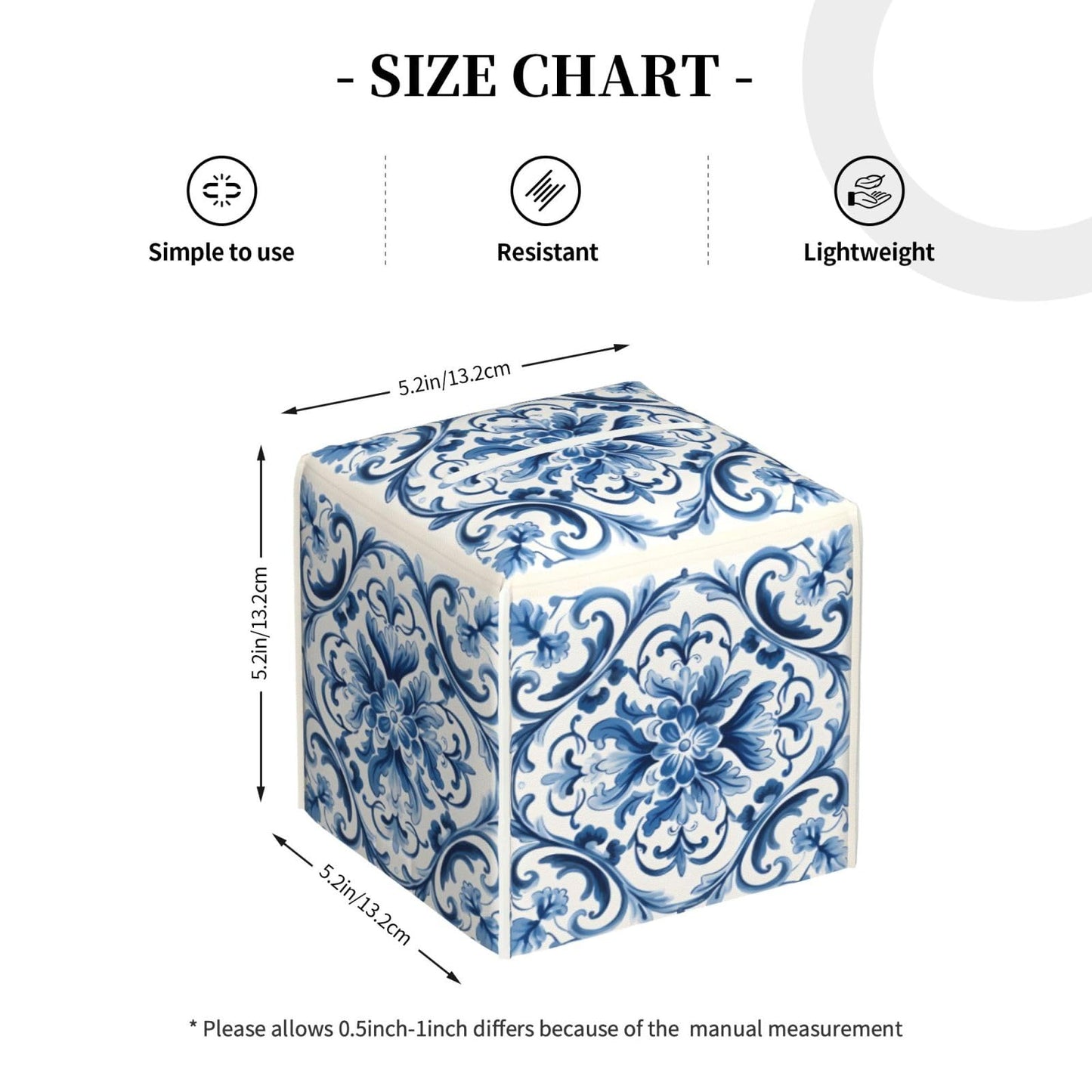 YPPAHHHH Square Tissue Box Cover Blue Boho Flower Retro Ceramic Cube Tissue Holder Cover Pu Leather Tissue Box Holder for Office Kitchen Car Bathroom Facial Paper Organizer Dispenser Covers