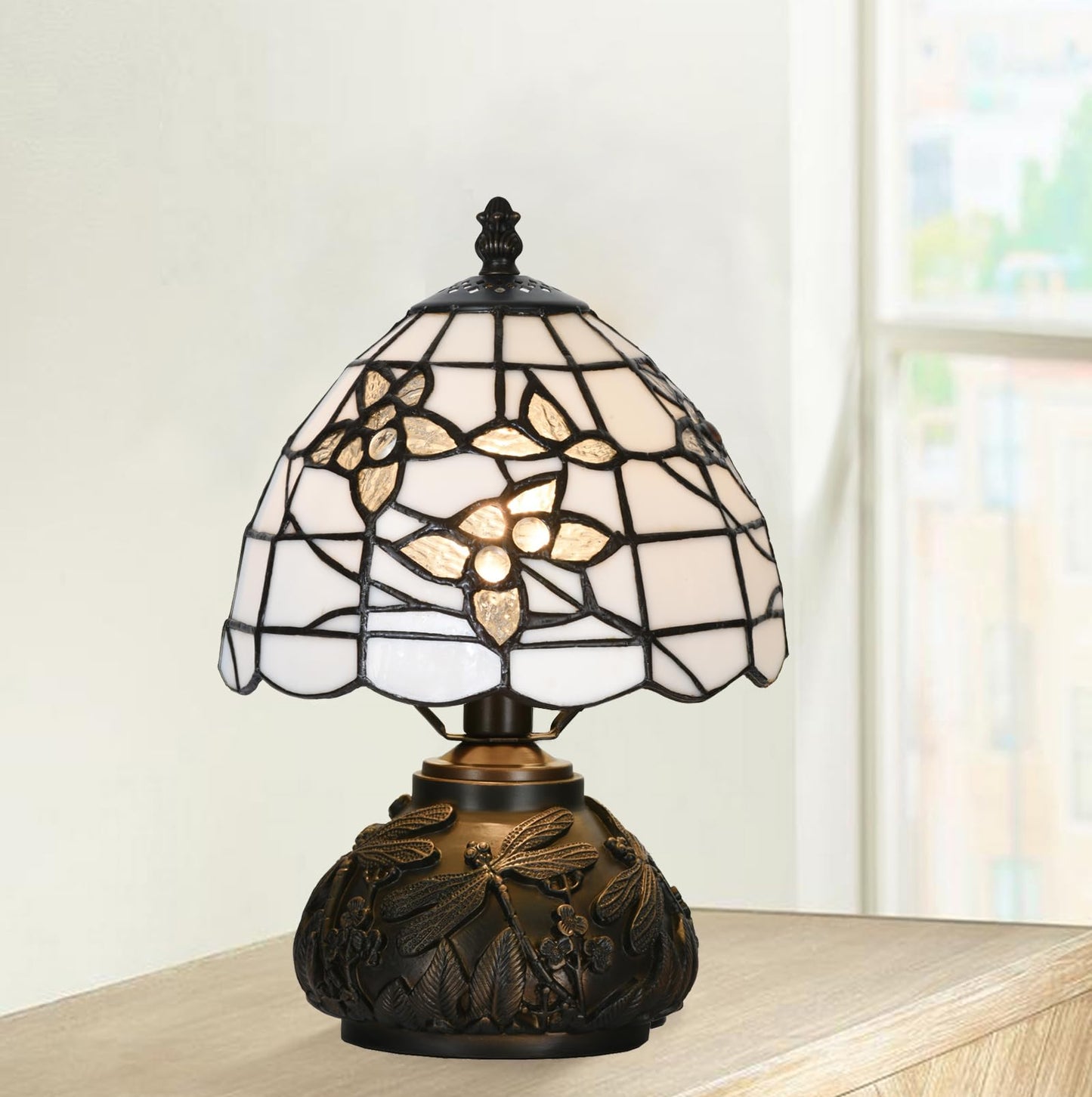 HomeBeauty TL0022 Small Tiffany Lamp,Stained Glass Lampshade Dragonfly Resin Base, Mini Desk Light for Bedside Nightstand, W8 X H11.8 Inch for Bedroom Living Room, LED Bulb Included (White Flowers)