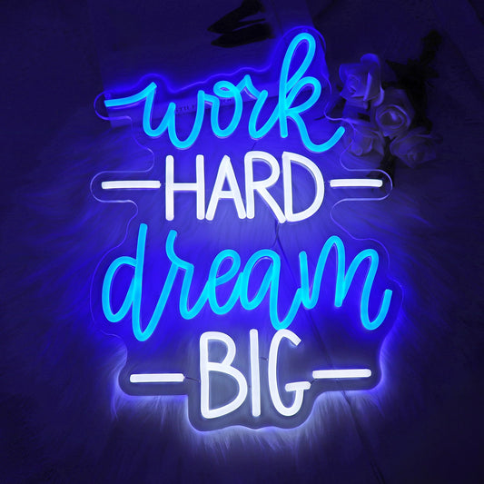 Whfobfe Blue&White Neon Sign Led Neon Lights Signs for Wall Decor USB Powered Led Signs for Room Decoration-Work Hard Dream Big
