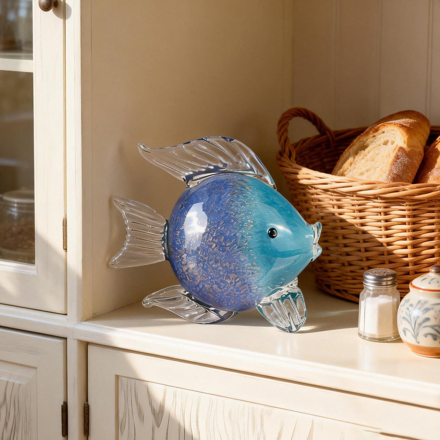 oliruim Blue Glass Fish Art Decoration Hand Blown Glass Fish Figurine, Art Paperweight Collection, Modern Office Luxury Decorations(WA-7)