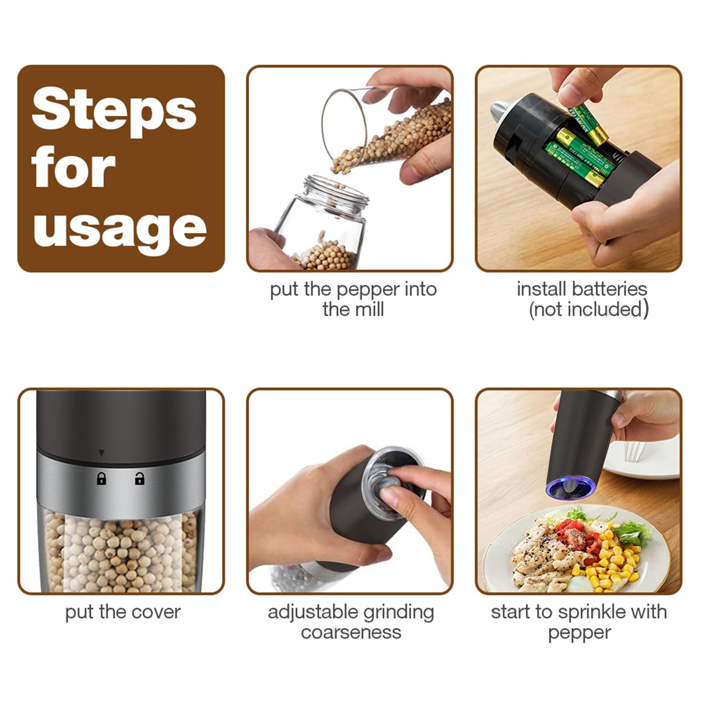 Gravity Electric Salt and Pepper Grinder Set Automatic Salt and Pepper Grinder Set with LED Light, Battery Operated, Adjustable Coarseness, Large Capacity, for Home Kitchen BBQ (Black 2 Pack)