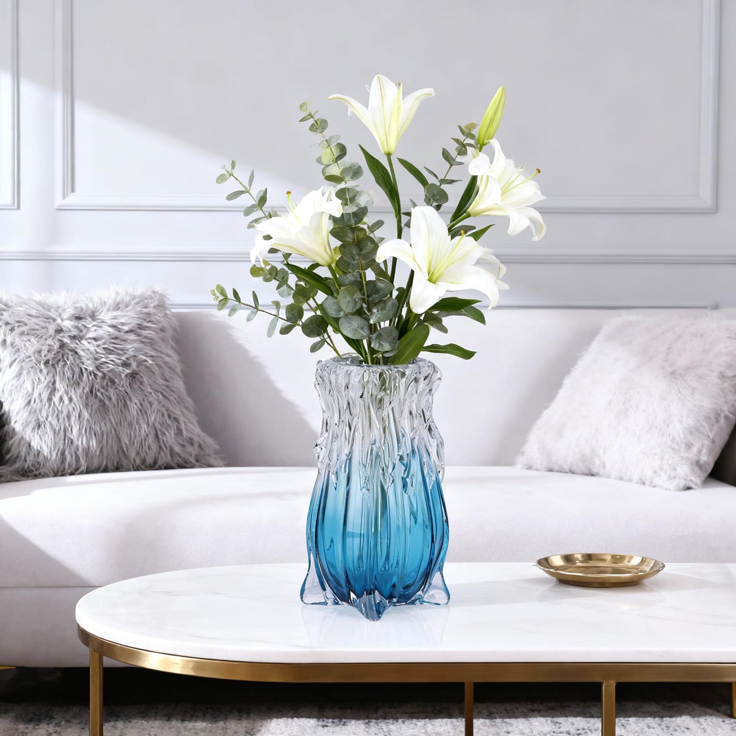 Hand-Blown Glass vase, Modern Art Blue Glass Decorative vase, Uniquely Ocean-Inspired Design, Perfect as a Centerpiece for Dining Tables, Living Rooms, Coffee Tables, or entryway Decor.
