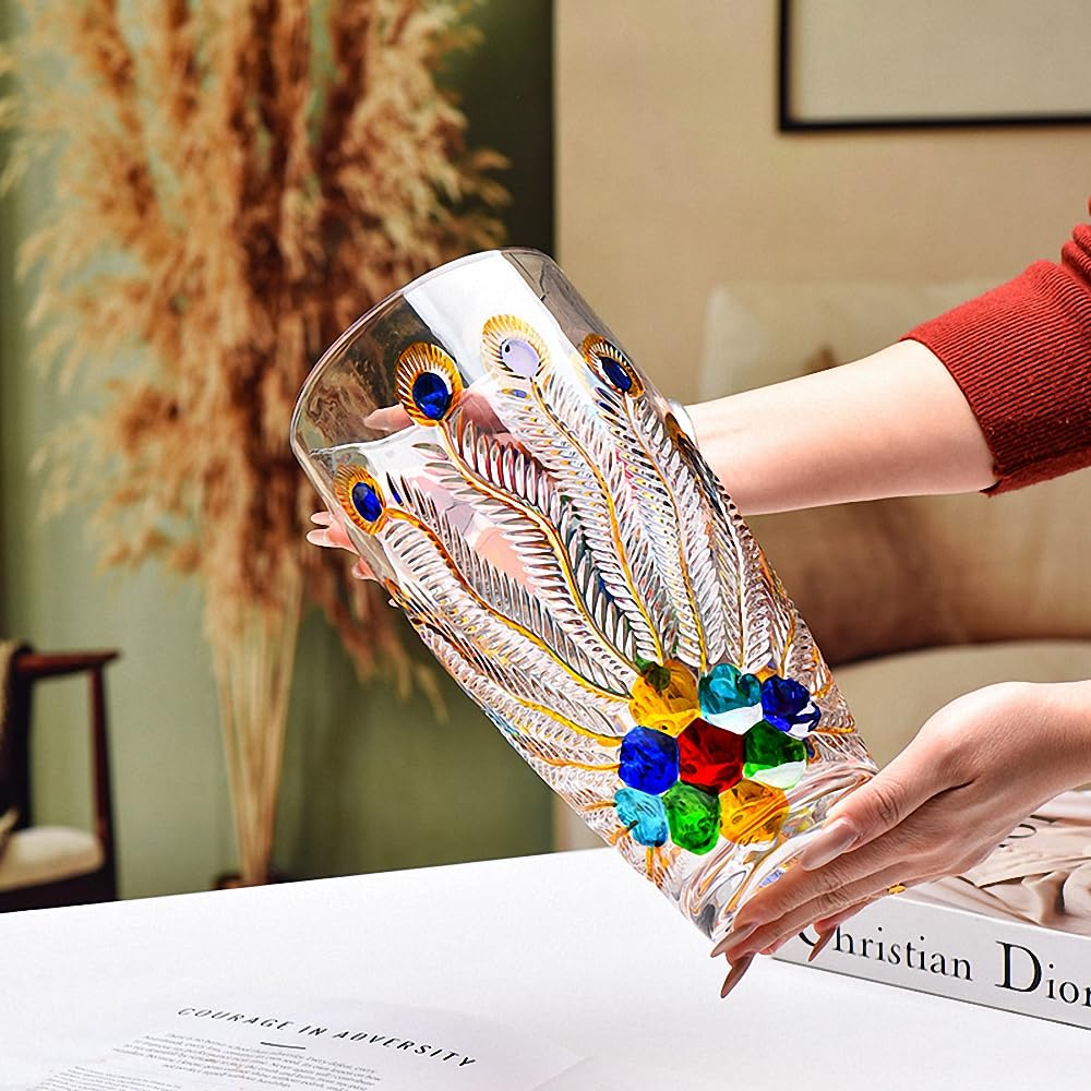 Unique Hand Painted Colorful Peacock Shaped Crystal Glass Vase-11 inch Tall. (Hand Painted Colorful)