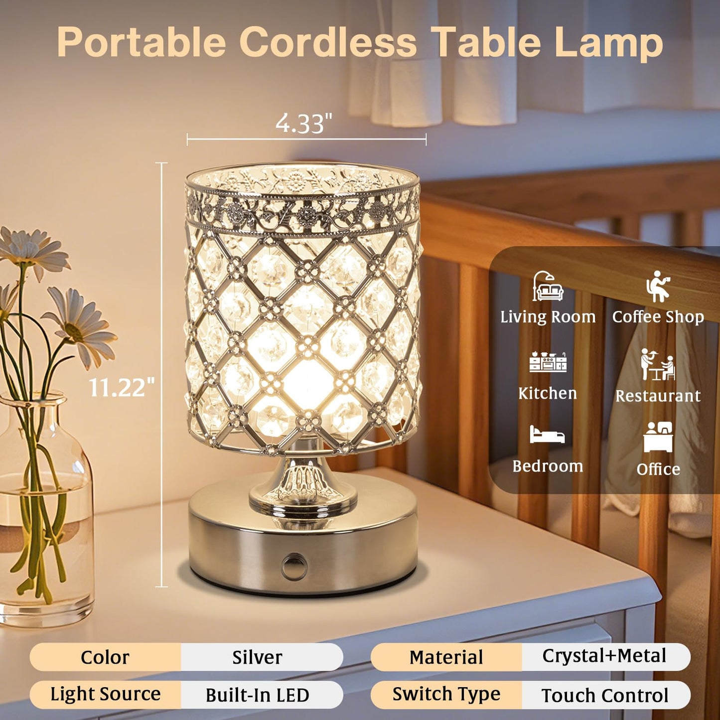 TOBUSA 6000mAh Crystal Battery Operated Lamp, Silver Modern Cordless Table Lamp Rechargeable, Portable Bedside Touch Small Desk Lamp 3000K-4500K-6000K, Stepless Dimmable Wireless LED Night Light
