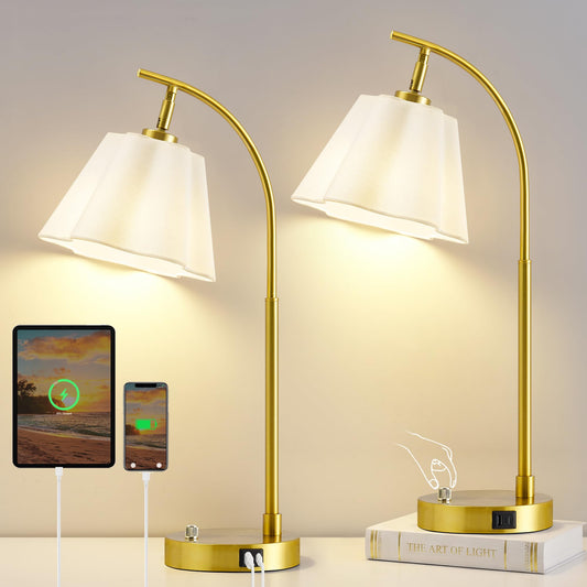 Gold Table Lamp Set of 2, Bedside Table Lamp with USB C+A Ports, Stepless Dimmable Nightstand Lamp, Small Cute Bedroom Lamps, Flower Lamp for Bedroom, Living Room, Home Office(Bulbs Included, Gold)