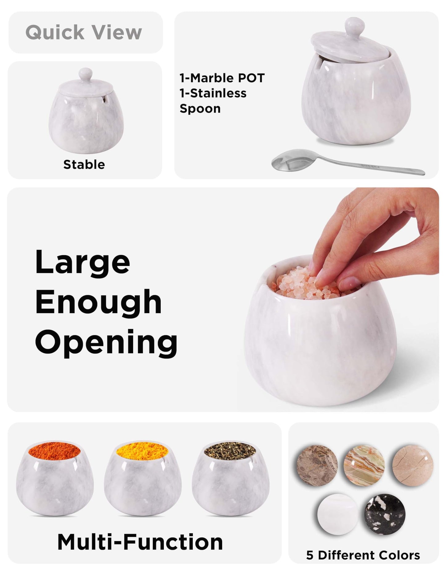 Marble Salt Cellar with Lid – 4.5 Inch White Table Salt Container, Salt Jar, Salt Dish, Salt Holder, Spice Jar, Sugar Bowl, Celtic Salt, Kitchen Countertop Decor