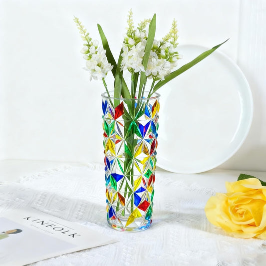 Hand-Painted Colorful Glass Vase, 7.7" Crystal Vase for Modern Home Decor, Flower Arrangements, Centerpieces, Weddings & Gifts