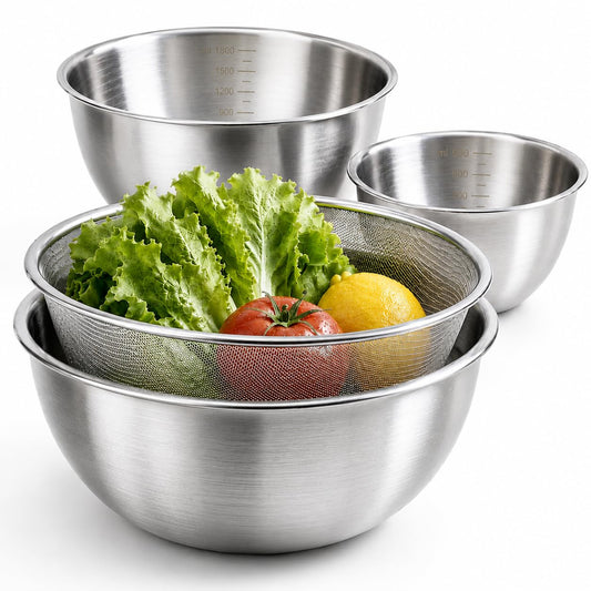 Stainless Steel Mixing Bowls Set of 4 with Colander, Nesting Metal Kitchen Bowls with Measurement Marks for Mixing, Prep, Salad & Baking, Dishwasher Safe