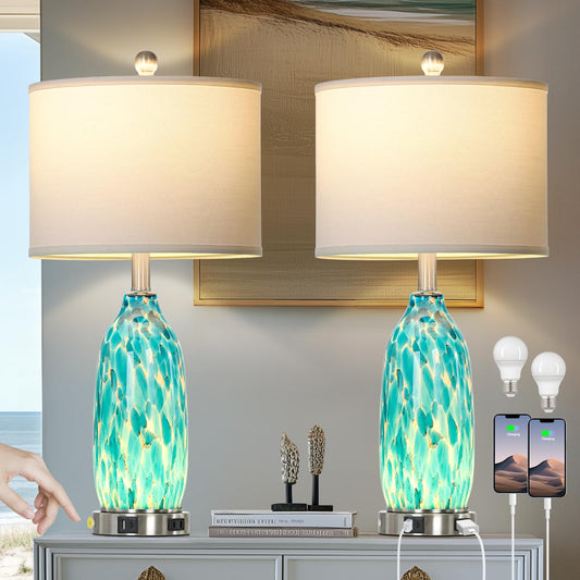 Rinweey 26" Peacock Green Glass Table Lamps Set of 2,Coastal Nautical Bedside Lamps with USB Ports & AC Outlet,Lamparas Elegantes para Cuarto with Night Light for Bedroom Living Room Decoration