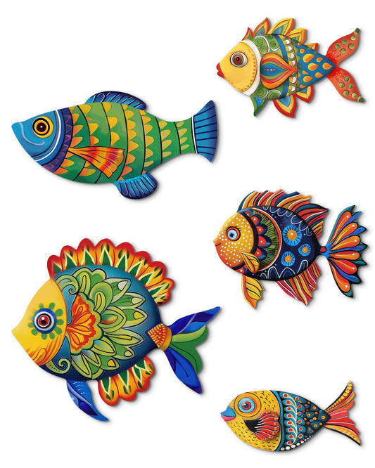 Putuo Decor 5 Pcs Wooden Fish Wall Decor Beach Nautical Coastal Theme Fish Wall Sculpture Lake House Ocean Decor Vintage Ornaments for Home Bathroom Bedroom