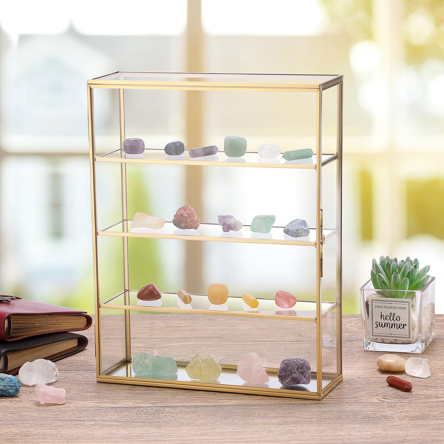 JUXYES 4 Tiers Tabletop Brass Glass Rock Display Case with Latch Door, Modern Clear Rocks Display Case Box with Mirror Bottom, Gold Dust Proof Case for Collectible, Mineral Crystal, Stones