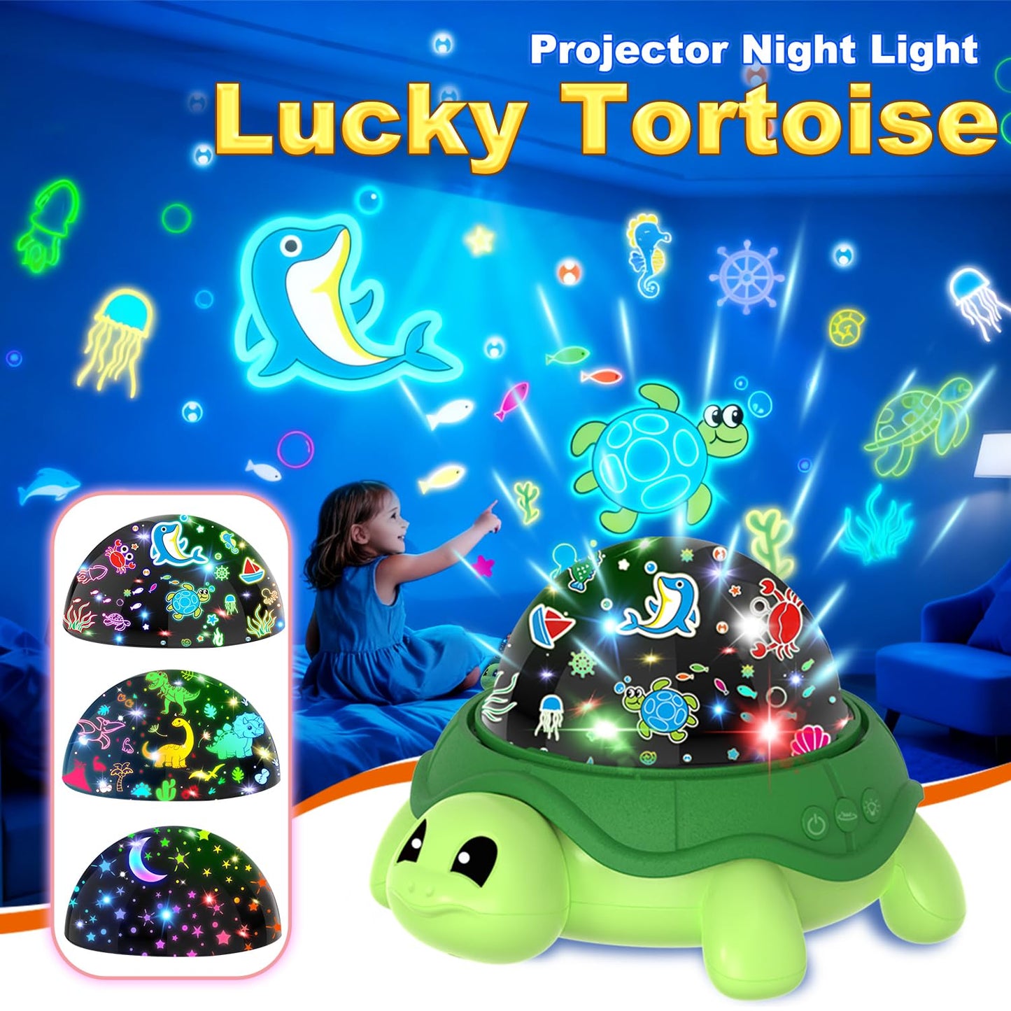 LMYCH Turtle Kids Night Light,Toys for Boys 3-8 Years Old Starry Sky Projector Light,360 Rotation,4 LED Bulbs,16 Light Colors Variable,USB Cable Powered,Ceiling Light for Kids Bedroom