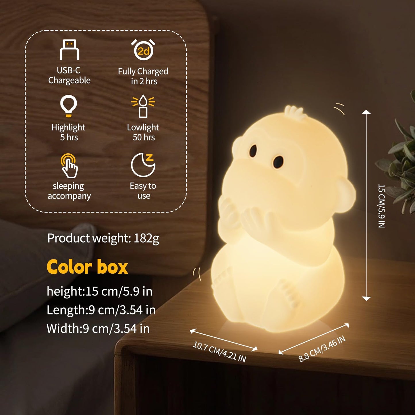 GAGBC Monkey Night Light for Kids, Remote & Tap Control, Color Change, 15/30/60 Min Timer, Dimmble, USB-C Rechargeable Squishy Night Light, Cute Night Lamp for Boys, Girls (Monkey)