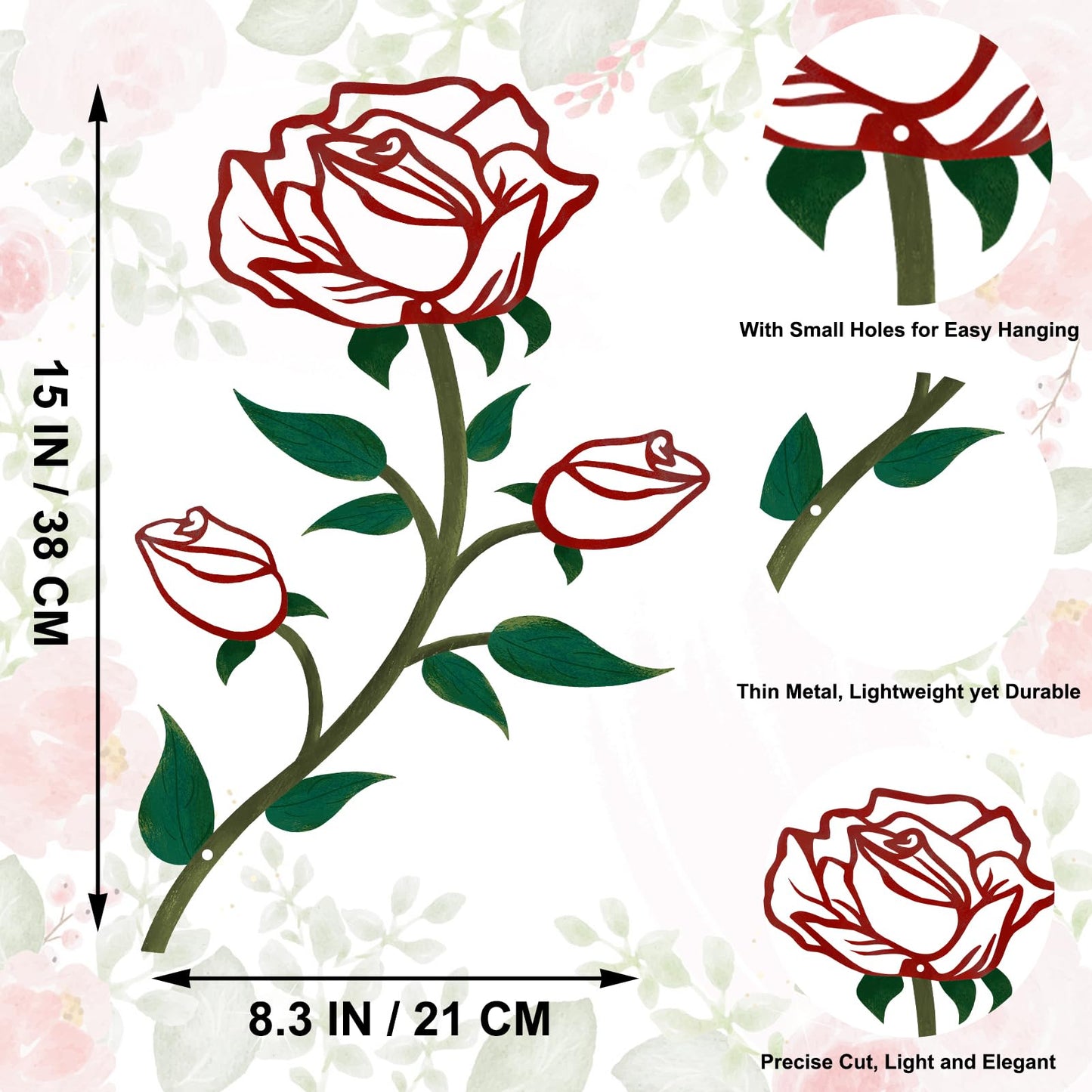 ESTART 2 Pcs Metal Rose Tree Leaf Wall Decor, 15“H Metal Cute Floral Wall Art, Rustic Hanging Sign Flowers Sculpture for Home Living Room Hallway Bedroom Bathroom (2 Pieces-Red Green)
