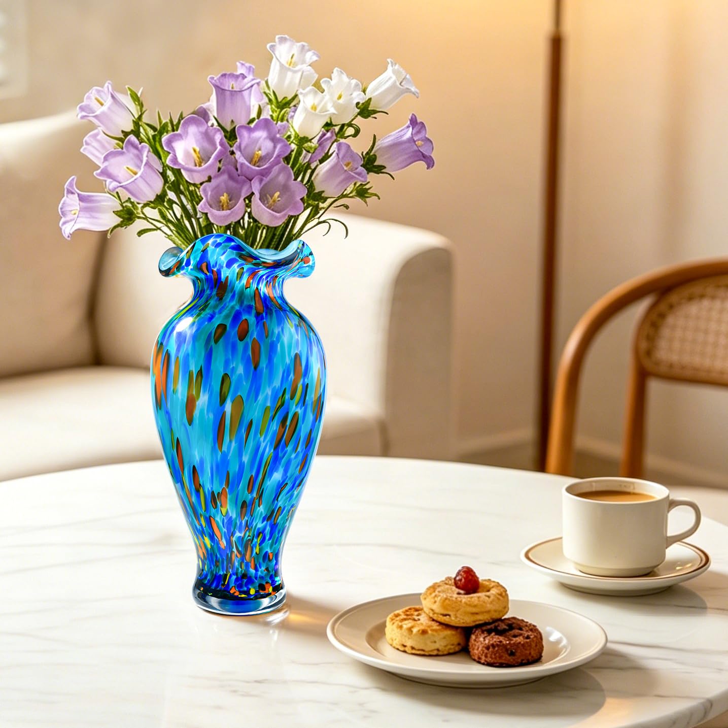 12 inch Hand Blown Glass Vase, Unique Sea Blue Crystal Flower Vase, Ocean Style Art Glass Home Table Centerpieces for Floral Bouquet Decorations
