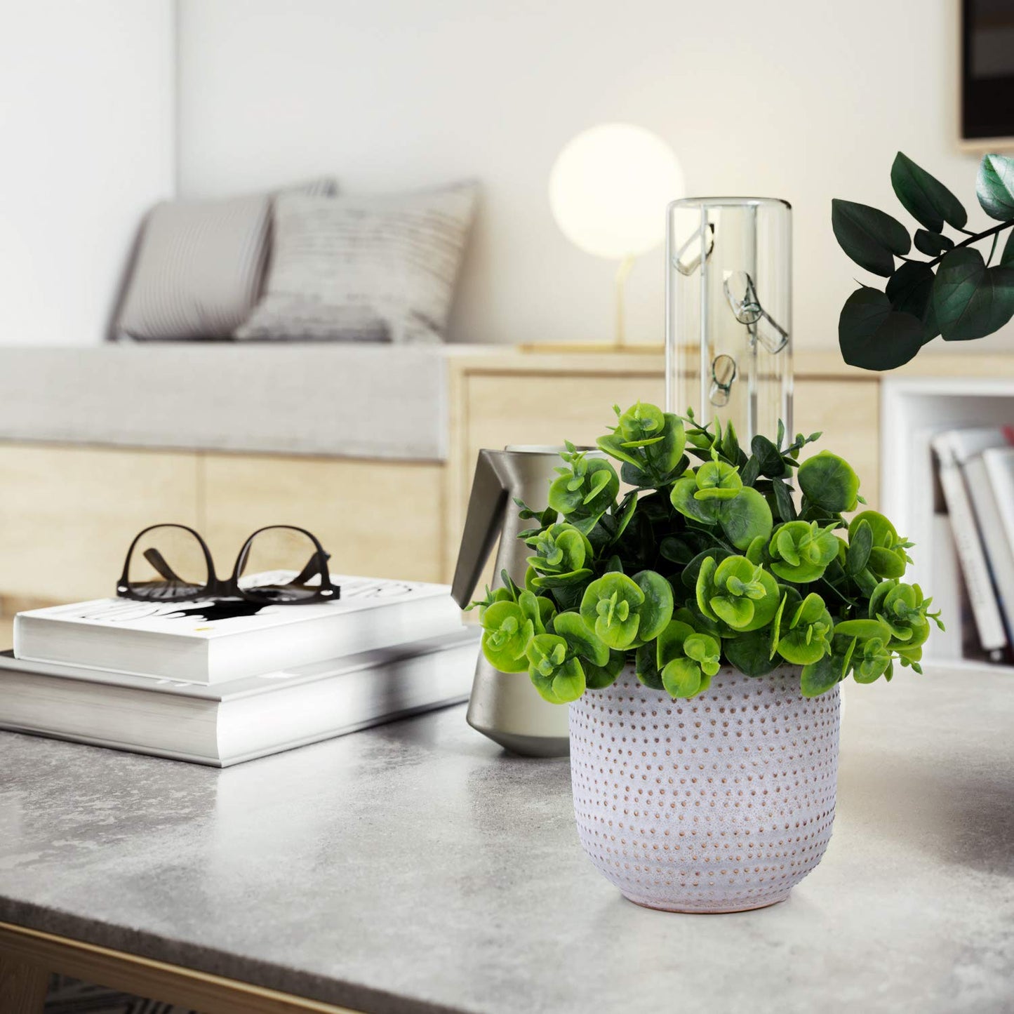Karlliu Artificial Plants in Ceramic Planter Cute Lysimachia Fake Succulent Flowers Potted for Home Office Table Desk Decor Living Room Bathroom Bedroom Shelves Decoration