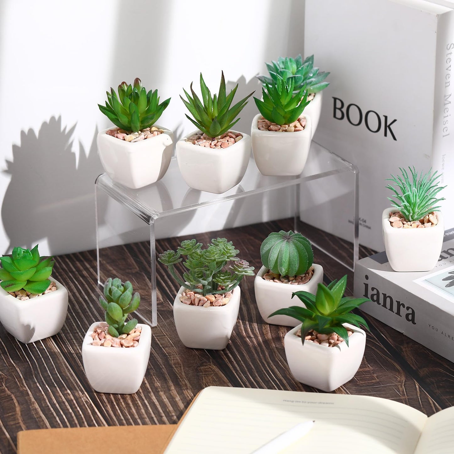 Crowye 12 Pcs Artificial Succulents Plants in Ceramic Pots Fake Succulents Mini Faux Succulents for Home Decor Indoor Small Fake Plants for Bedroom Bathroom Office Home Aesthetic Desk Decorations