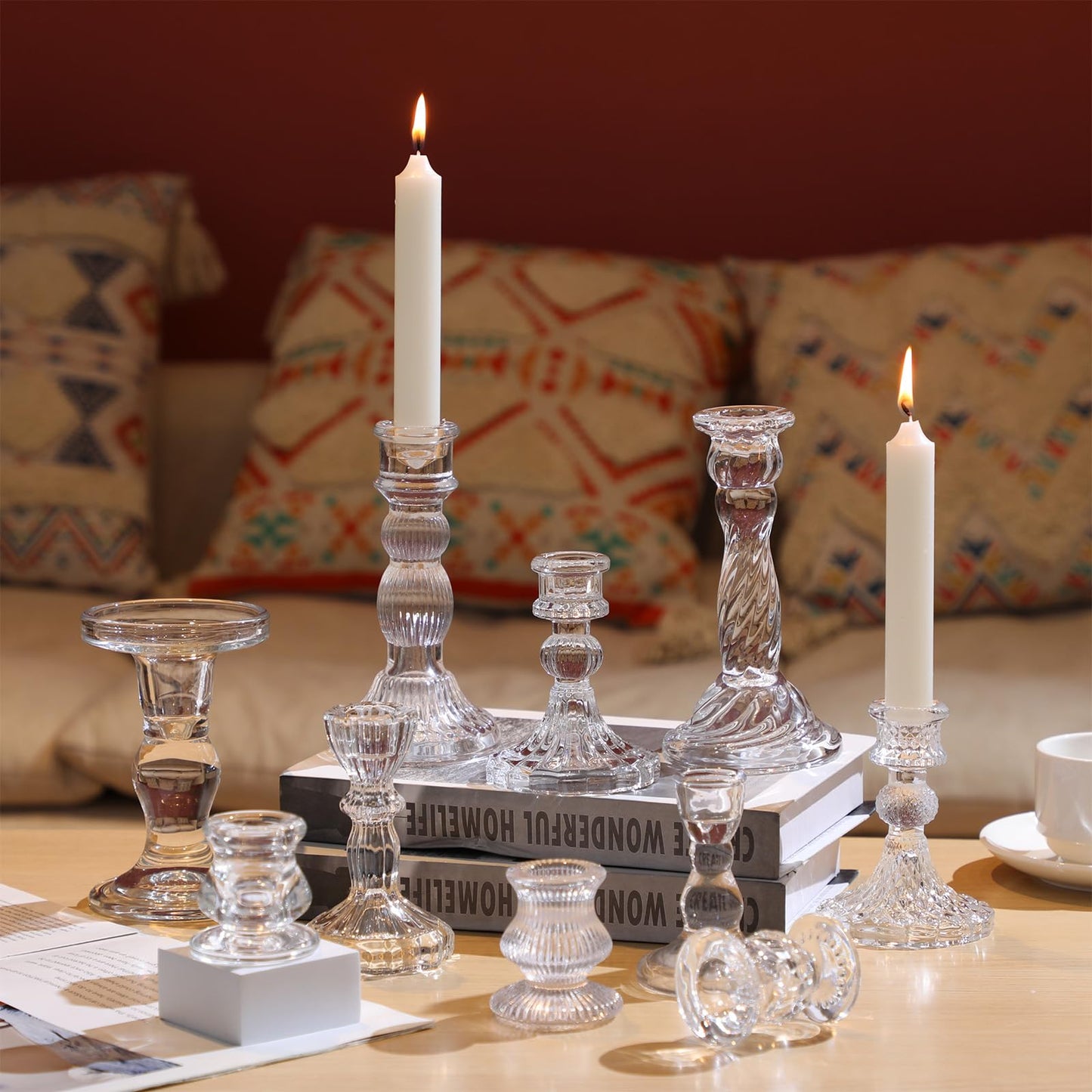 Mumufy 30 Pcs Glass Crystal Taper Candle Holders Clear Glass Candlestick Holder Fit 0.8 Inch Candles Crystal Decorative Candle Stand Centerpiece Table Wedding Dining Party(Clear)