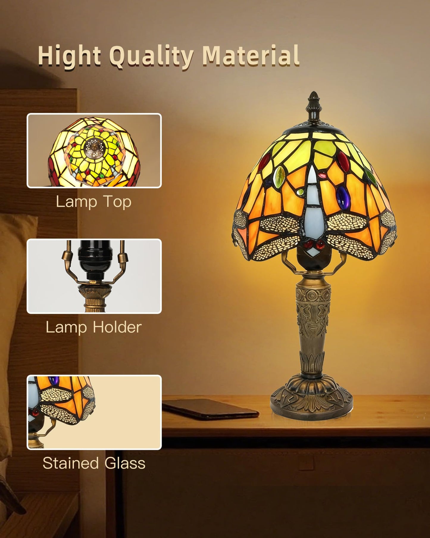 Plynvexa Tiffany Style Table Lamp with LED Bulb, 6 Inch Antique Stained Glass, Handmade Night Light for Bedroom, Living Room, Office Desk(Dragonfly)