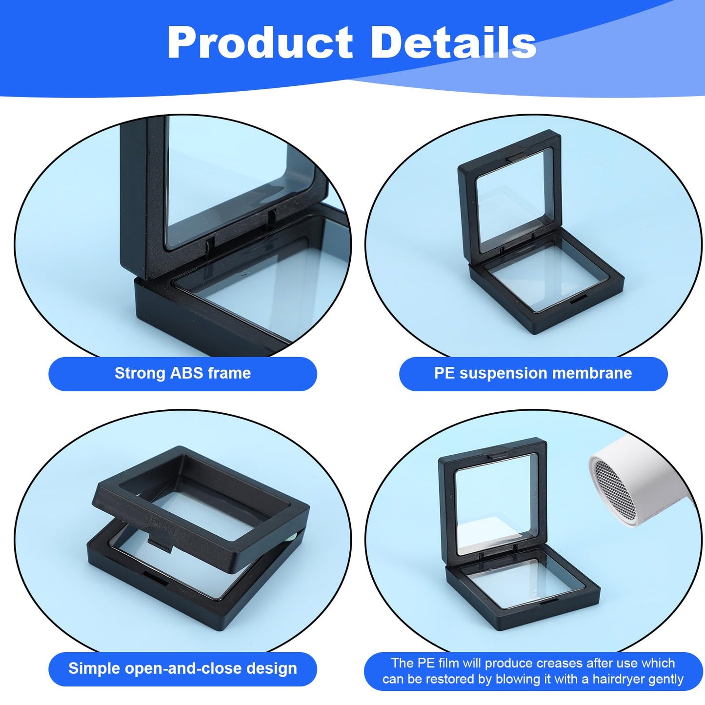 60 Pcs 3D Floating Display Case PE Film Jewelry Storage Box Coins Display Frame Holder Stands for Antique Challenge Coins, Medallion Shells Gems Rocks Pins (Black,2.76 Inch)