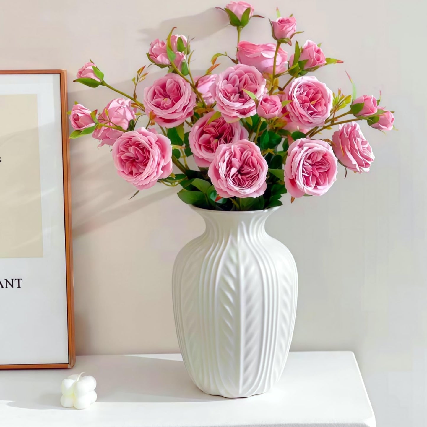 Lvases 10in Wheat Textured White Ceramic Flowers Vase Modern Home Decor