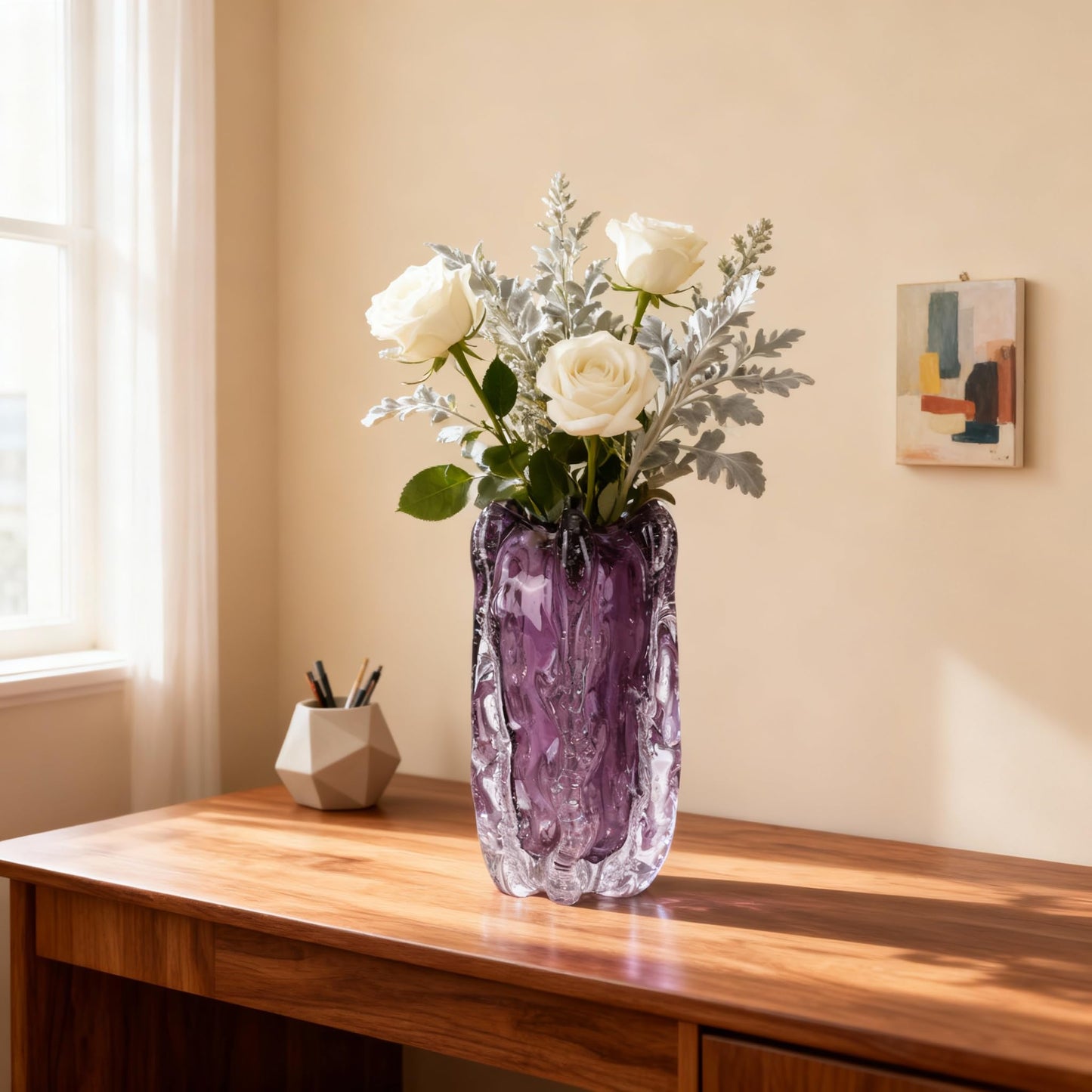Hand-Blown Glass vase, Unique Wide-Mouth Glass vase, Modern Art Purple Decorative vase, Suitable for Office Spaces, Wedding venues, Living Room Coffee Tables, or as a Centerpiece on Dining Tables.