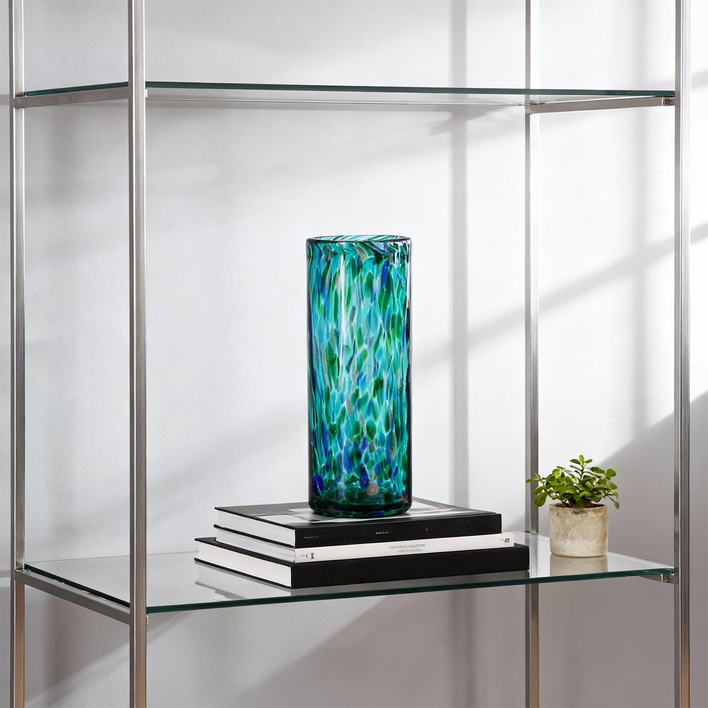 9.45" Tall Teal Vase Hand Blown Glass Vase Green, Modern Teal Home Centerpieces Wide Mouth Vases for Bud&Flower Decor - Ideal Living Room, Kitchen, Wedding, Dining Table, Office Center Table