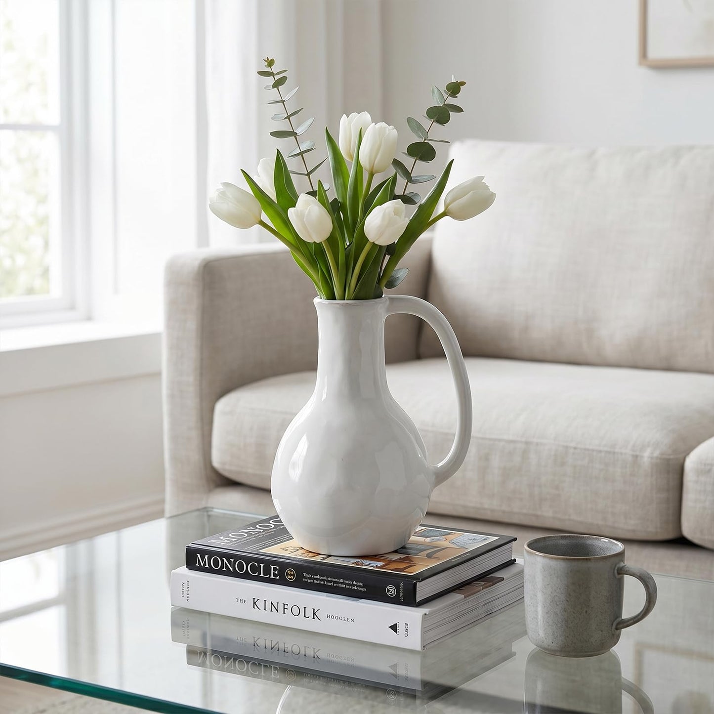 GarDream White Ceramic Vase with Handle, 8.5 Inch Modern Farmhouse Pitcher Vase for Flowers, Rustic Ceramic Jug Flower Vase, Decorative Boho Home Decor for Living Room Mantel Table Centerpiece Office
