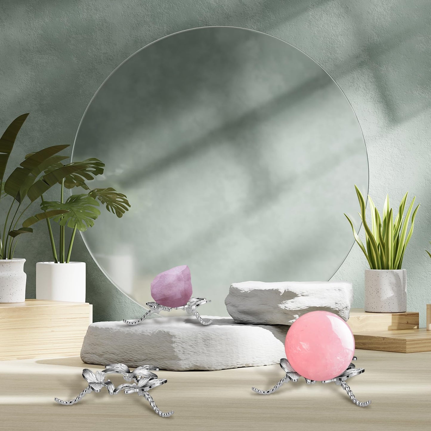 Chunful 4 Pcs Metal Dragonfly Crystal Ball Stand Silver Sphere Holder Lensball Base Dragonfly Shaped Sphere Display Stand Globe Stone Display Rack Ornaments for Rocks Marbles Tennis Collections