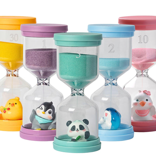 5 Pcs Colourful Plastic Hourglass with Different Animals,Sand Timers 1m/2m/5m/10m/30m,Sand Timers for Students,Games,Classroom,Kitchen,Office,Desk Decor (Pack of 5)