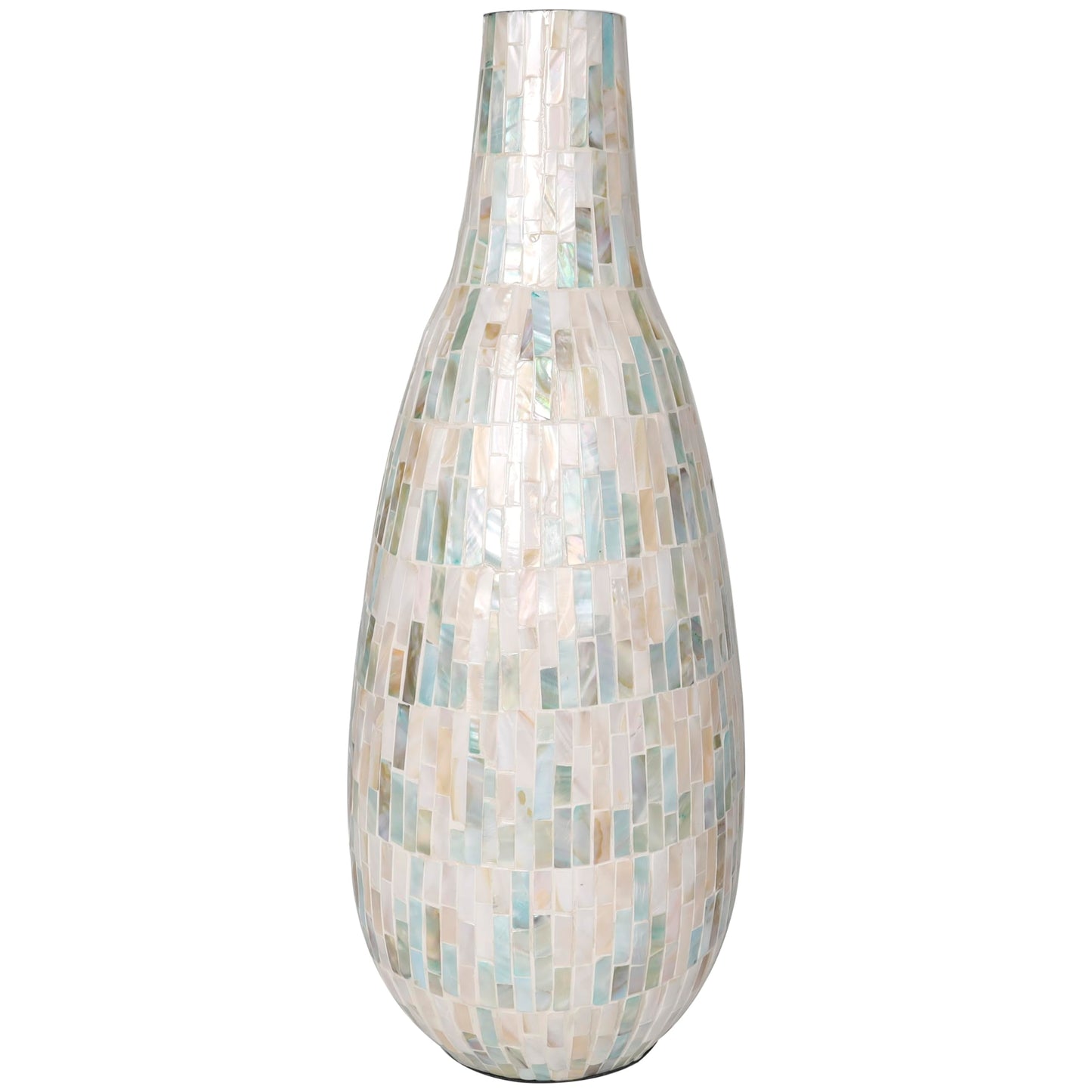 Deco 79 Mother of Pearl Shell Handmade Decorative Vase Mosaic Inspired Centerpiece Vase with Pastel Blue and Pink Accents, Flower Vase for Home Decoration 8" x 9" x 21", White