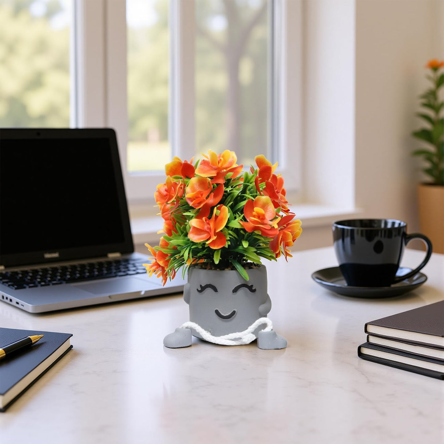 Zerzsy 5pcs Cute Artifical Plants in Cement Pots, Small Fake Plants for Office Decorations